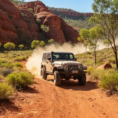 Jeep navigating a rugged Australian off-road trail with dust and scenic landscape