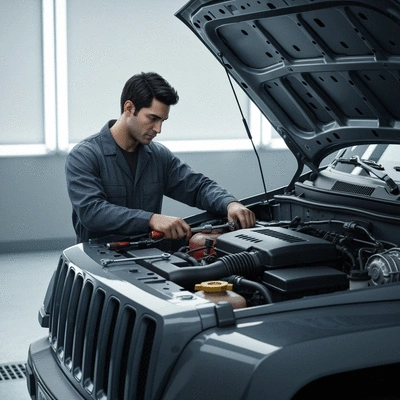Mechanic performing maintenance on a Jeep engine