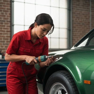 Mechanic working on a Jeep engine, focusing on engine components in a well-lit garage