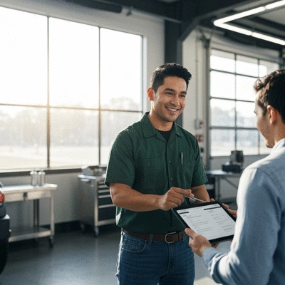 Mechanic showing a client a service checklist for a Jeep