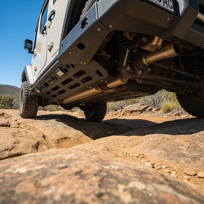 Jeep with undercarriage skid plates on rocky terrain