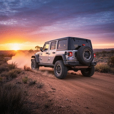 Jeep with all-terrain tires driving on a scenic Australian dirt road, sun setting, no text, no words, no typography, clean image