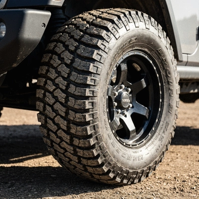 Close-up of a rugged mud-terrain tire on a Jeep, showing aggressive tread pattern, outdoor setting, no text, no words, no typography, clean image