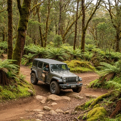Jeep driving responsibly on a designated trail in a scenic Australian landscape, no text, no words, no typography, clean image