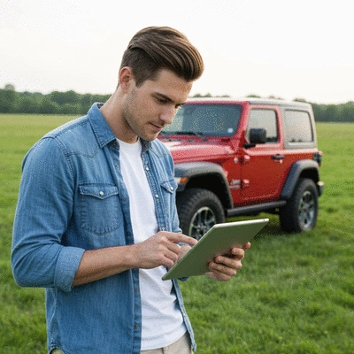 Person reviewing Jeep ownership costs on a tablet, with a Jeep in the background