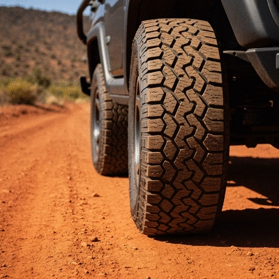 Close-up of eco-friendly Jeep tires on a dirt road, natural lighting, no text, no words, no typography, clean image, 8K