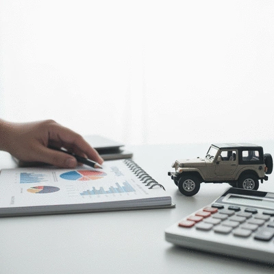 Illustrative image of financial planning for Jeep ownership, with charts and a miniature Jeep