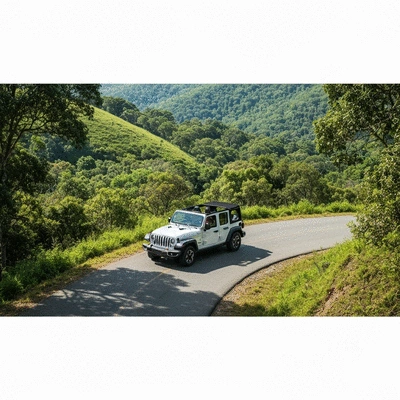 Modern Jeep vehicle on a winding road through a lush, green, natural landscape, symbolizing eco-friendly adventure