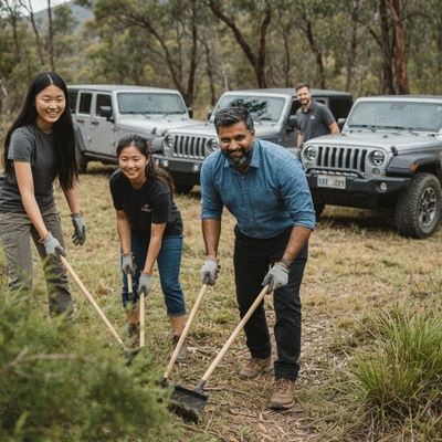 Diverse group of Jeep club members participating in a clean-up event in a natural Australian setting, smiling and working together