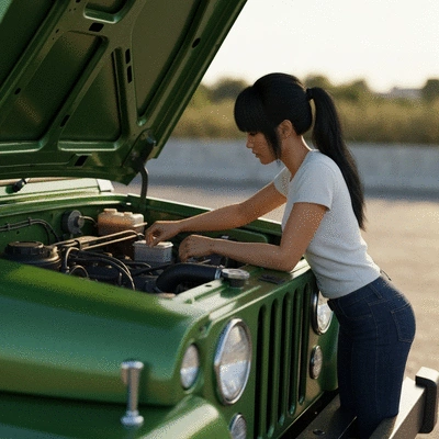 Jeep owner checking fluid levels under the hood of a Jeep