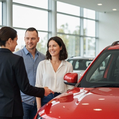 Australian couple looking at a new electric Jeep at a dealership, discussing sustainability features