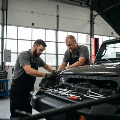 Jeep mechanics working on a vehicle in a clean garage
