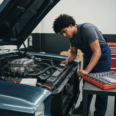 Mechanic checking a Jeep engine with tools