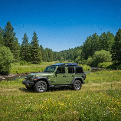 Jeep with eco-friendly accessories parked in a pristine natural environment, clear blue sky, no text, no words, no typography, clean image, 8K