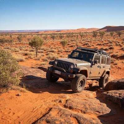 Lifted Jeep Wrangler on a rocky trail with Australian Outback in background, no text, no words, no typography, clean image