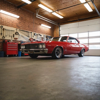 Jeep tires being rotated in a garage