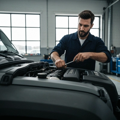 Mechanic performing an oil change on a Jeep engine